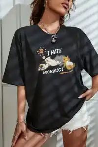 Kadın Tişört Bisiklet Yaka Baskılı Oversize T-Shirt - Siyah