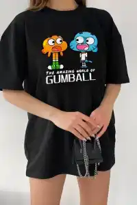 Kadın Kısa kol Tişört Bisiklet Yaka Baskılı Oversize T-Shirt - Siyah