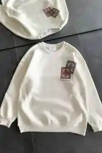 Kadın Bisiklet Yaka Kilim Halı Baskılı 3 İplik Pamuklu Sweatshirt - Beyaz