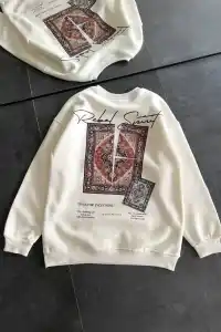 Kadın Bisiklet Yaka Kilim Halı Baskılı 3 İplik Pamuklu Sweatshirt - Beyaz