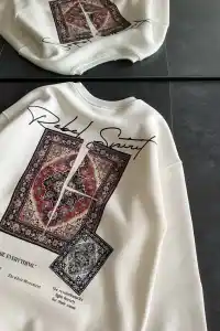 Kadın Bisiklet Yaka Kilim Halı Baskılı 3 İplik Pamuklu Sweatshirt - Beyaz