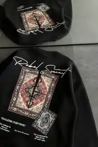 Kadın Bisiklet Yaka Kilim Halı Baskılı 3 İplik Pamuklu Sweatshirt - Siyah