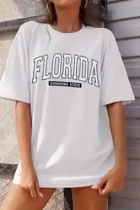 Kadın Kısa Kol Yazlık Tişört Bisiklet Yaka FLORIDA Baskılı T-Shirt - Beyaz