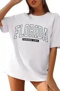 Kadın Kısa Kol Yazlık Tişört Bisiklet Yaka FLORIDA Baskılı T-Shirt - Beyaz