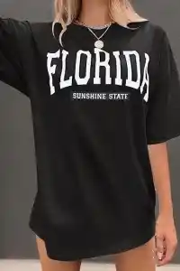 Kadın Kısa Kol Yazlık Tişört Bisiklet Yaka FLORIDA Baskılı T-Shirt - Siyah
