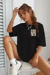 Kadın Baskılı T-Shirt Kısa Kol Bisiklet Yaka Oversize Rahat Kalıp Tişört - Siyah