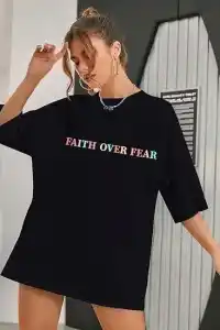 Kadın Baskılı T-Shirt Kısa Kol Bisiklet Yaka Oversize Rahat Kalıp Tişört - Siyah