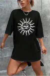 Kadın Baskılı T-Shirt Kısa Kol Bisiklet Yaka Regular Fit Rahat Kalıp Tişört - Siyah