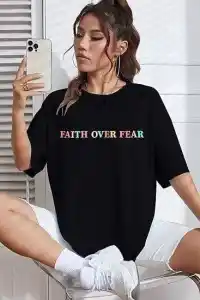 Kadın Baskılı T-Shirt Kısa Kol Bisiklet Yaka Oversize Rahat Kalıp Tişört - Siyah