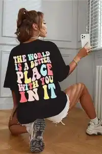 Kadın Baskılı T-Shirt Kısa Kol Bisiklet Yaka Oversize Rahat Kalıp Tişört - Siyah