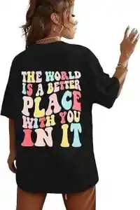 Kadın Baskılı T-Shirt Kısa Kol Bisiklet Yaka Oversize Rahat Kalıp Tişört - Siyah