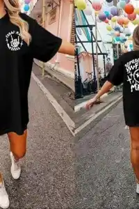 Kadın Baskılı T-Shirt Kısa Kol Bisiklet Yaka Oversize Rahat Kalıp Tişört - Siyah