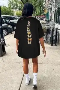 Kadın Baskılı T-Shirt Kısa Kol Bisiklet Yaka Oversize Rahat Kalıp Tişört - Siyah