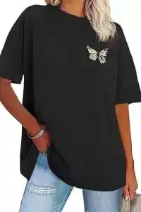 Kadın Baskılı T-Shirt Kısa Kol Bisiklet Yaka Oversize Rahat Kalıp Tişört - Siyah