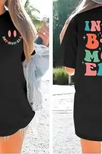 Kadın Baskılı T-Shirt Kısa Kol Bisiklet Yaka Oversize Rahat Kalıp Tişört - Siyah