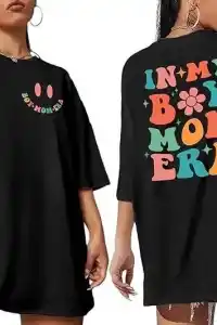 Kadın Baskılı T-Shirt Kısa Kol Bisiklet Yaka Oversize Rahat Kalıp Tişört - Siyah