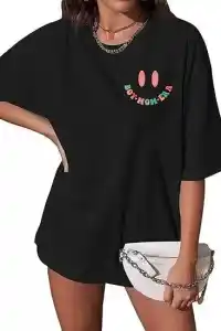 Kadın Baskılı T-Shirt Kısa Kol Bisiklet Yaka Oversize Rahat Kalıp Tişört - Siyah