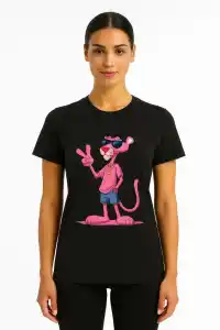Kadın Bisiklet Yaka Kısa Kollu Baskılı T-shirt - Siyah