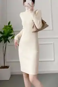 Kadın Boğazlı Uzun Fitilli Triko Dokuma Elbise - Beyaz