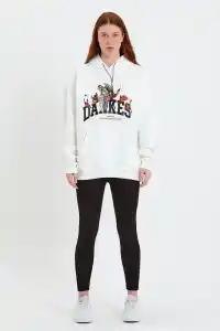 Kadın Oversize Kapüşonlu Cepli Baskılı 3 İplik Pamuklu Hoodie Sweatshirt - Beyaz