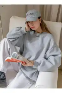 Kadın 3 İplik Pamuklu Oversize Yarım Fermuarlı Yakalı Basic Sweatshirt - Gri
