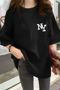 Kadın T-shirt Bisiklet yaka  NY Baskılı kısa kol Tişört - Siyah