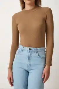 Kadın Full Likralı Fitilli Kaşkorse Body - Kahve
