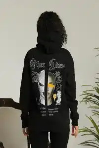 Kadın Oversize Kapüşonlu Cepli Baskılı 3 İplik Pamuklu Hoodie Sweatshirt - Siyah