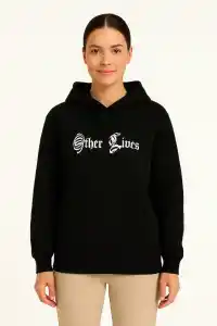 Kadın Kapüşonlu Kanguru Cepli Sweatshirt 3 İplik Pamuklu Baskılı Hoodie - Siyah