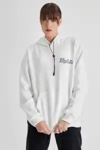 Kadın Oversize Kapüşonlu Cepli TUPAC Baskılı 3 İplik Pamuklu Hoodie Sweatshirt - Beyaz