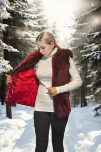 Kadın Premium Doğal Kürk Kolsuz Fermuarlı Yelek - Kırmızı