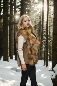 Kadın Premium Doğal Kolsuz Deri Kürk - Kahve