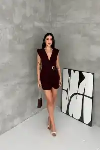 Kadın Kruvaze Drapeli Tokalı Mini Elbise Şık Gece Davet Abiye - Kahverengi
