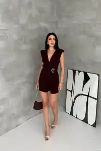 Kadın Kruvaze Drapeli Tokalı Mini Elbise Şık Gece Davet Abiye - Kahverengi