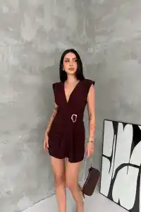 Kadın Kruvaze Drapeli Tokalı Mini Elbise Şık Gece Davet Abiye - Kahverengi
