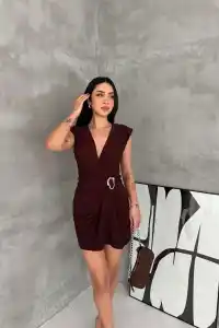 Kadın Kruvaze Drapeli Tokalı Mini Elbise Şık Gece Davet Abiye - Kahverengi