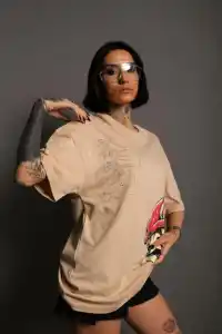 Kadın Mario Baskılı T-Shirt Oversize Kısa kol Bisiklet yaka tişort - Bej