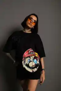 Kadın Mario Baskılı T-Shirt Oversize Kısa kol Bisiklet yaka tişort - Siyah