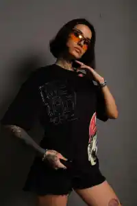 Kadın Mario Baskılı T-Shirt Oversize Kısa kol Bisiklet yaka tişort - Siyah