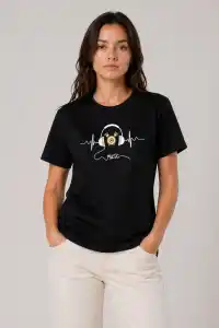 Kadın Müzik Temalı Baskılı Tişört Bisiklet Yaka Kısa Kol T-Shirt - Siyah