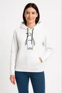 Kadın 3 İplik Pamuklu Kapüşonlu Hoodie Sweatshirt Nihilist Penguen Baskılı - Beyaz