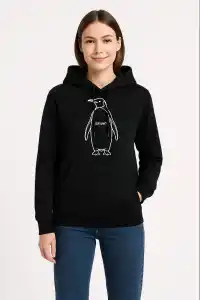 Kadın 3 İplik Pamuklu Kapüşonlu Hoodie Sweatshirt Nihilist Penguen Baskılı - Siyah
