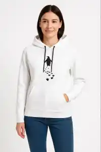 Kadın 3 İplik Pamuklu Kapüşonlu Hoodie Sweatshirt Nihilist Penguen Baskılı - Beyaz
