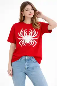 Kadın Örümcek Baskılı Tişört Kısa Kollu Bisiklet Yaka T-Shirt - Kırmızı