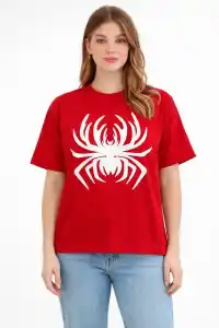 Kadın Örümcek Baskılı Tişört Kısa Kollu Bisiklet Yaka T-Shirt - Kırmızı