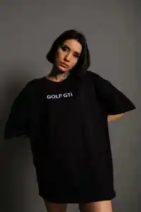 Kadın Oversize Tişört Golf GTI Retro Araba Baskılı T-shirt- Siyah