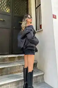 Kadın Oversize Bomber Ceket – Siyah, Fermuarlı, Sokak Modası Tarzı Mont - Siyah
