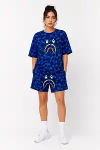 Kadın Oversize Kalıp Pubg Bape X Shark Nakışlı Cepli Şort Takım - Mavi