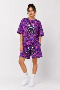Kadın Oversize Kalıp Pubg Bape X Shark Nakışlı Cepli Şort Takım - Mor