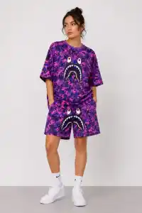 Kadın Oversize Kalıp Pubg Bape X Shark Nakışlı Cepli Şort Takım - Mor